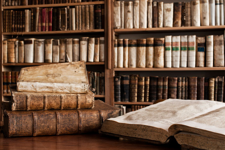 Antique history books in an old library
