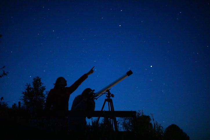 Astronomy students looking through telescope