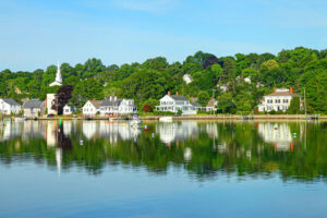 Beautiful Connecticut day on the water looking back at town