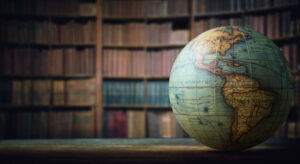 Globe on desk in old library