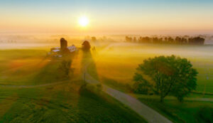 Silos in the fog as sun rises