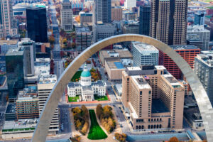 The Gateway to the West Arch and the downtown area of St. Louis, Missouri