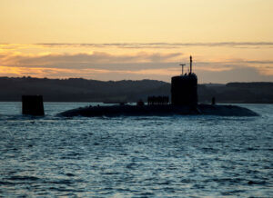 Submarine off coast of Connecticut during sunset