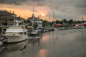 Boats docked along Delaware canal in early morning