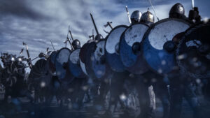 Shield wall of viking warriors