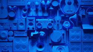 Blue art installation of musical instruments 