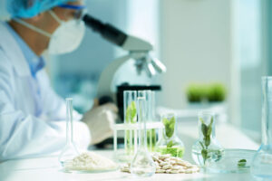 Biologists at work with botanicals in laboratory 