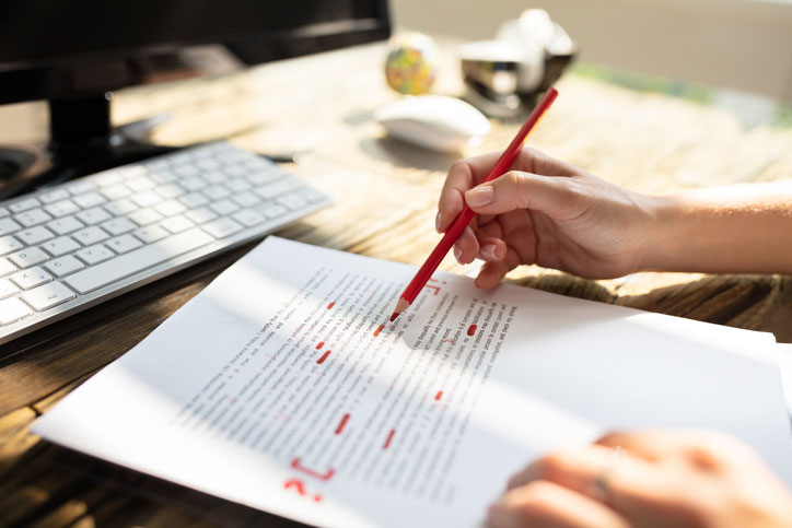 Editor marking mistakes on paper in red