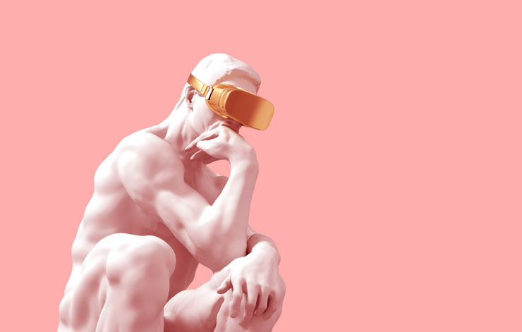 Sculpture of Thinker with gold VR glasses