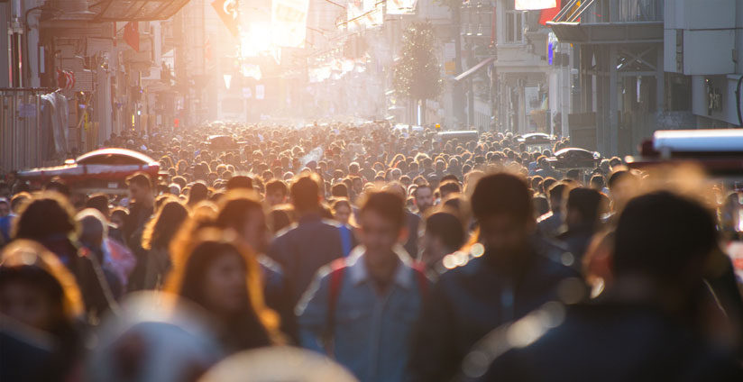 Streets and sidewalks crowded with people