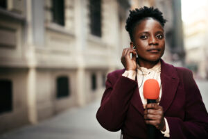 Female documentarian journalist filming 