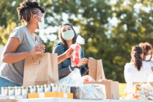 Volunteers organizing food donations for food bank