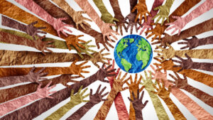 World Culture Earth Day, hands reaching out for Earth